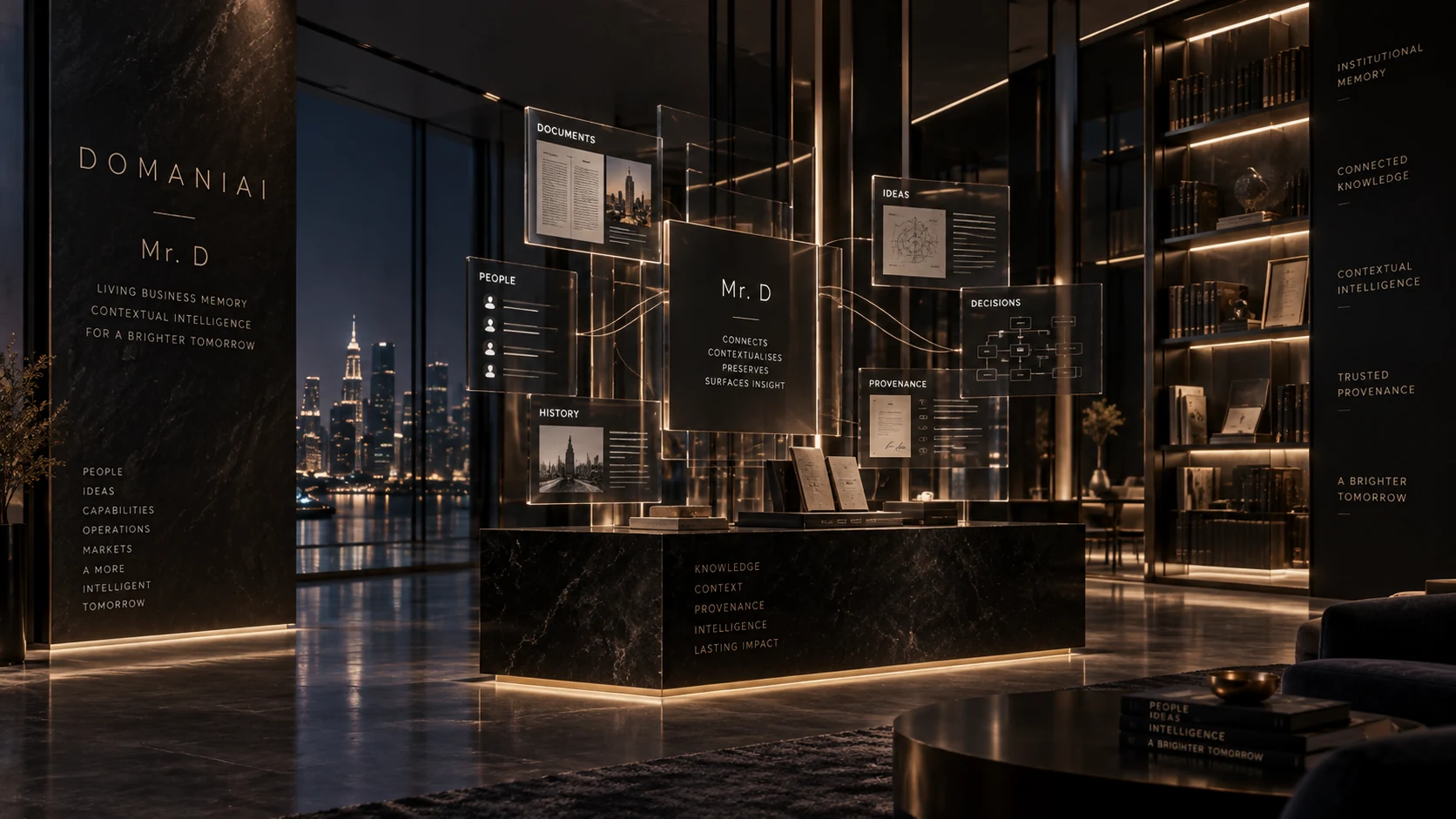 Conceptual business archive with connected knowledge panels