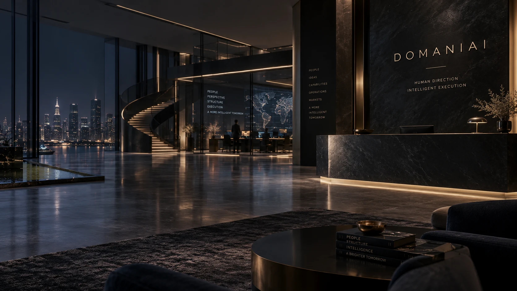 Concept architettonico di una reception scura con illuminazione calda