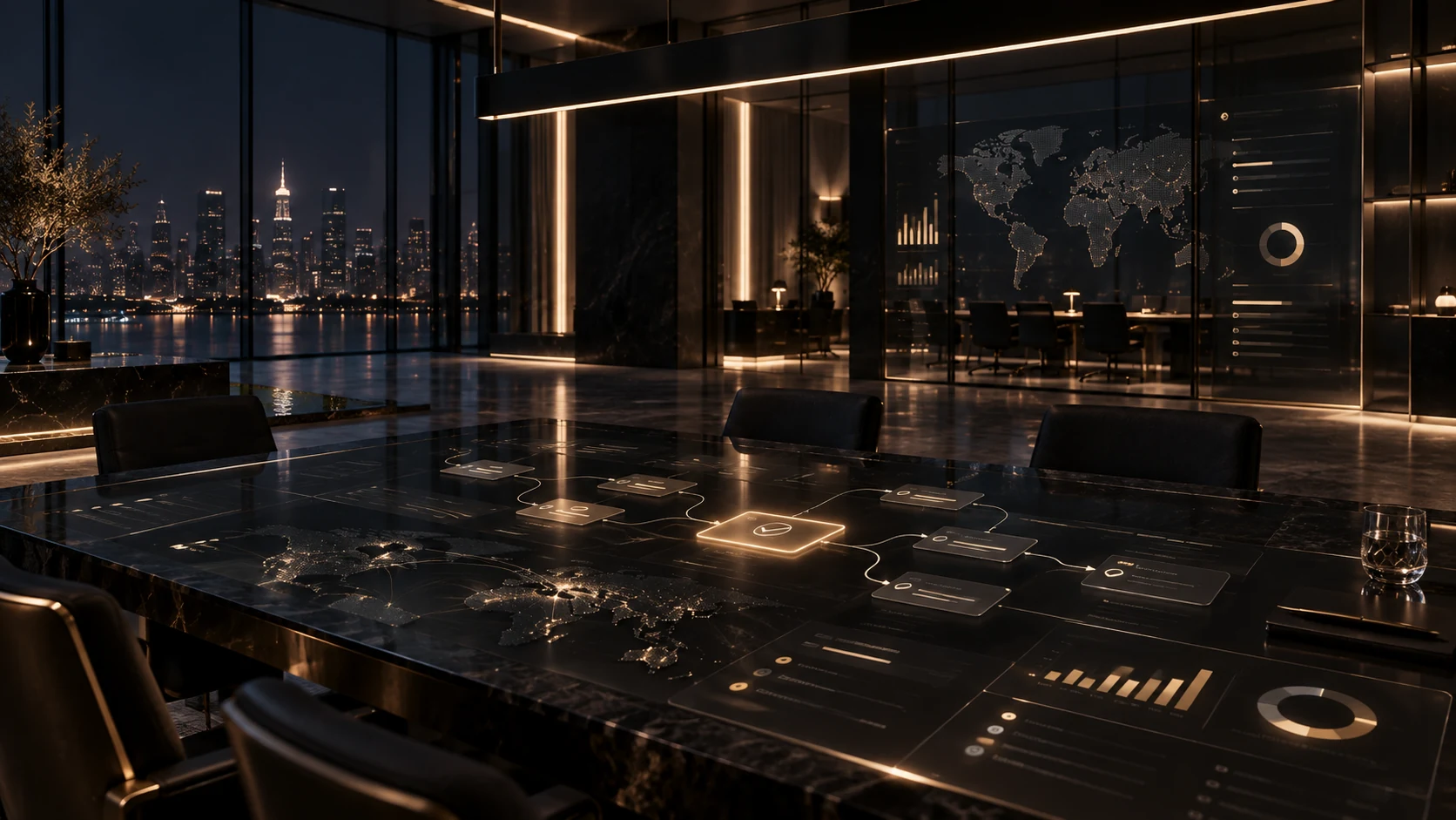 Conceptual workspace with connected processes on a glass table
